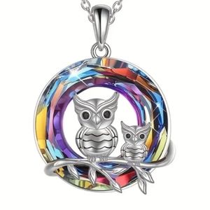 LAST ONE Colorful circle Owl Pendant Mom and Baby Owl Branch Silvertone …